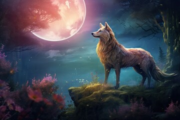 Wolf in the forest with a full moon. 3D illustration, AI Generated
