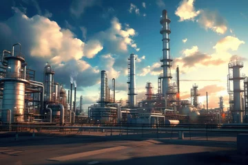 Tuinposter Aerial view of Petrochemical industry refinery in the morning background. Energy Industrial plant oil station, manufacturing for fuel and energy, furnace factory line. © TANATPON