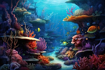 Fototapeta na wymiar Underwater scene with coral reef and tropical fish. Vector illustration, AI Generated