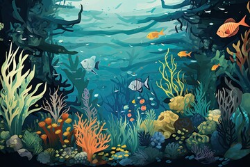 Fototapeta na wymiar Underwater scene with coral reef, fish and seaweed vector illustration, AI Generated