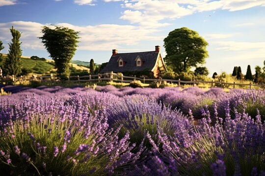Fototapeta Lavender field in front of a house in the countryside, AI Generated