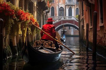 Gondolier in Venice, Italy, AI Generated - obrazy, fototapety, plakaty