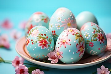 Fototapeta na wymiar Vibrantly decorated Easter eggs with floral patterns on a blue background, evoking freshness and the spirit of spring, Easter background 
