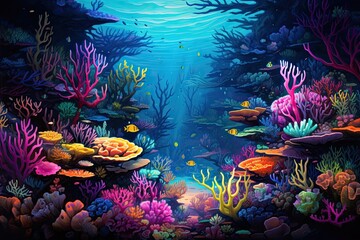 Obraz na płótnie Canvas Underwater world with corals and tropical fishes. Vector illustration, AI Generated