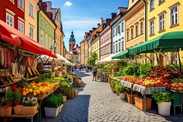 Colorful street in the old town of Cesky Krumlov, Czech Republic, AI Generated - obrazy, fototapety, plakaty