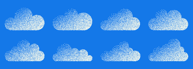 A set of simple clouds with noise effect for retro collages. Collection of elements with halftone dots effect.