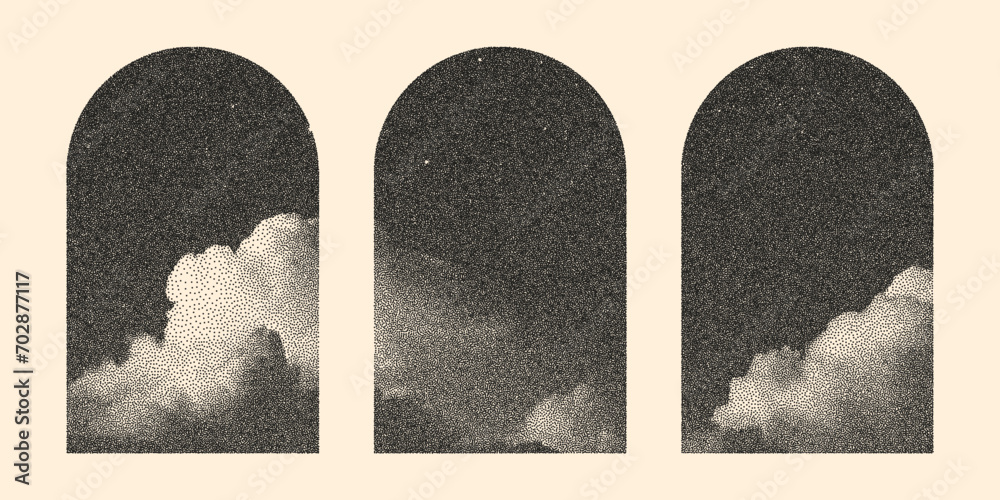 Fototapete retro winding arched window set. a collection of posters with the sky, noise effect, dots in black a
