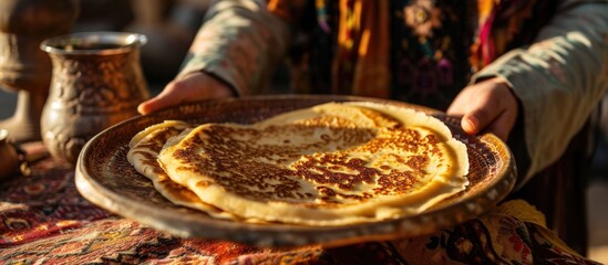 Hand holding a Moroccan pancake, baghrir, common in Moroccan breakfasts. - obrazy, fototapety, plakaty
