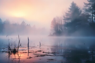 A dense fog over a tranquil lake, with the gradient colors of the fog creating a dreamy and mysterious atmosphere.