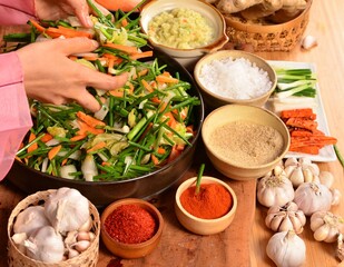 A woman wearing a pink dress crumpled and mixed various cut-up vegetables in a large bowl to make kimchi. Nearby there are many condiments. and Korean chili powder called gochujang to make kimchi. 