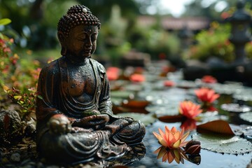 A Buddha statue surrounded by lotus-filled water.