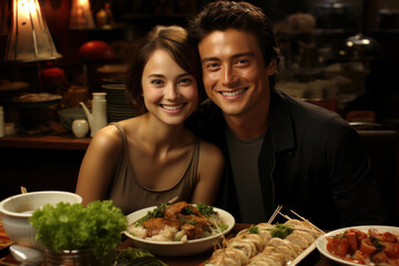 Fototapeta na wymiar A couple enjoying a delightful Asian culinary experience.