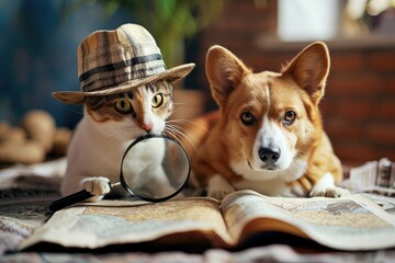 A funny depiction of a cat and a dog as detectives, wearing hats and magnifying glasses, investigating a mystery.