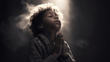 Little african american boy praying, child praying with volumetric light - obrazy, fototapety, plakaty