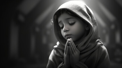 black and white portrait of a Little child praying at church