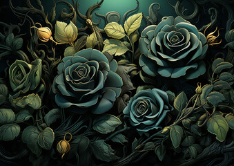 black roses with green leaves is an abstract painting