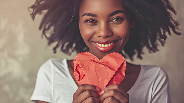 Close-up photo beautiful and amazing her dark skin lady adorable remember cuddling big paper card heart shape figure from dreamy wearing casual white t-shirt isolated yellow bright vibrant background,