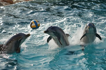 A team of dolphins playing volleyball in the ocean