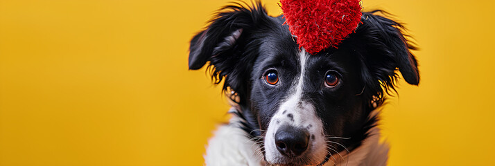 Close-up hide dog love wearing a heart-shaped diadem. isolated on a yellow background, copy space for text, Valentine's Day concept,