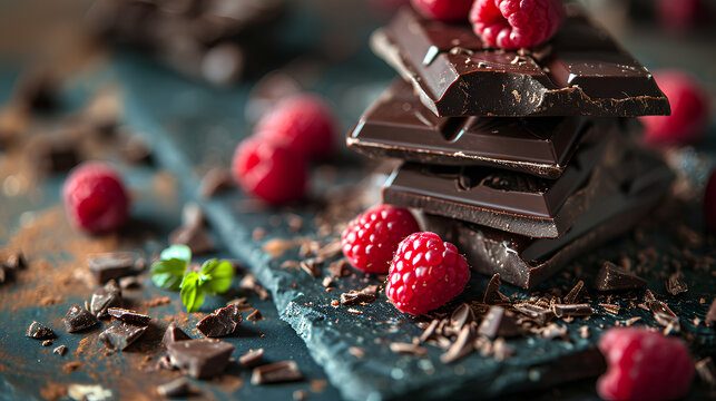 Close-up Photo Of Stacked Chocolate Bars Beside Raspberries, Valentine's Day concept