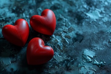 Fototapeta premium three red hearts on a dark background