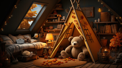Cozy Children's Bedroom Illuminated in the Night, Adorned with Toys, a Teddy Bear, and a Tent, Creating a Magical Kindergarten Experience After Dark