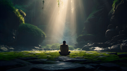 a person praying, a person asking god for something, while a ray of sunlight illuminates it. - obrazy, fototapety, plakaty