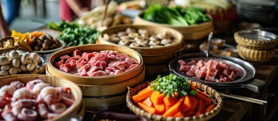 Fototapeta premium Ingredients for steam boat hot pot in Asian halal buffet menu include a variety of cold and mixed raw meats, seafood, vegetables, mushrooms, satay, beancurd, and hot dogs on a stick in a basket.
