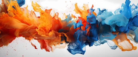A dynamic explosion of electric blue and fiery orange, resembling a liquid collision frozen in...