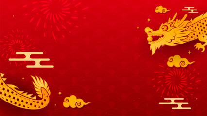 Chinese New Year background vector illustration. Golden dragon flying on Chinese red background
