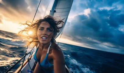 Foto op Plexiglas A beautiful young girl on a sailboat in a choppy and windy sea. Their hair waves in the wind. The sunset. Sea and sailboat concept © HappymanPhotography
