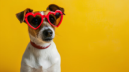 Cute dog celebrating Valentine's Day with heart shaped valentine sunglasses Isolated on a Yellow Background, copy space for text - obrazy, fototapety, plakaty