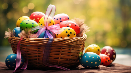 Multi-colored Easter eggs in a wicker basket. Happy Easter text. Happy Easter holiday.