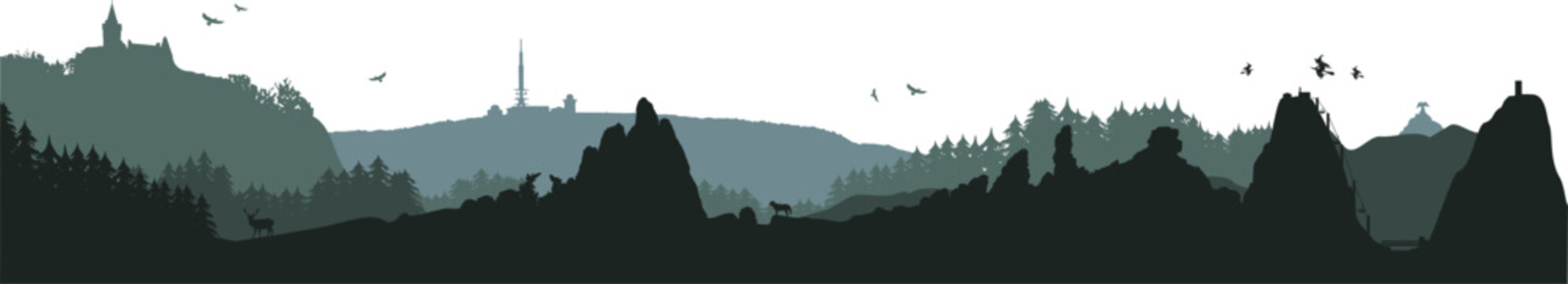 Mythen, Felsen, Berge und W&auml;lder - Landschaft im Harz -Vektor Silhouetten