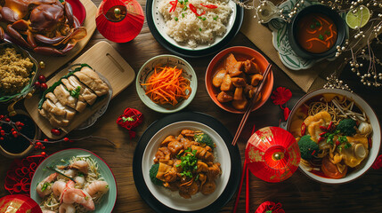 Top view of delicious chinese food meal on red table background for celebration Chinese New Year - obrazy, fototapety, plakaty