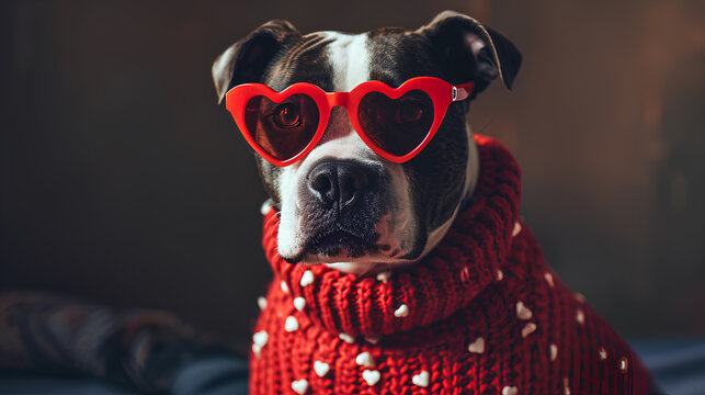Cute Pit Bull Dog in Sweater and Heart Glasses, Valentine's Day concept