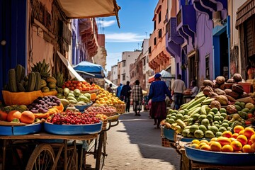 Fruits and vegetables for sale in the medina of Chefchaouen, Morocco, AI Generated - obrazy, fototapety, plakaty