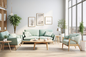 
Stylish scandinavian living room and dining area with mint design sofa, empty photo frames, plants and elegant personal accessories. Modern home decor. 3d rendering. 8K FULL HD