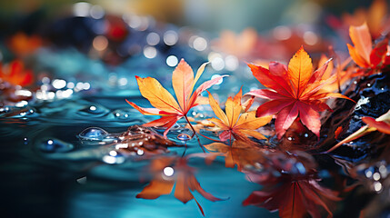 Colorful Fall Leaves Floating in a Pond or Lake, Creating a Picturesque Image of November Nature on a Sunny Autumn Day. This October Weather Scene Captures the Essence of the Fall Season