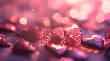 Defocused pink hearts background, Simple studio setting with soft lighting, a feeling of joy and lightheartedness,