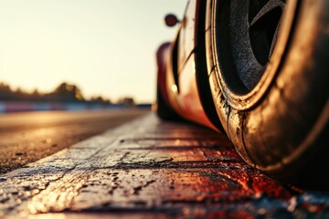 Close-up of a racing car's tire on the track, focusing on the tread pattern and asphalt - obrazy, fototapety, plakaty