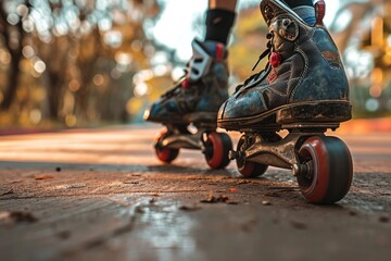 Close-up of a roller skater's skates in action, showcasing the wheels and bearings - obrazy, fototapety, plakaty