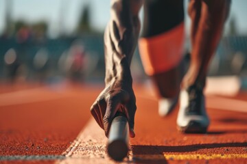 Close-up of a sprinter's hand on the baton during a relay race, emphasizing the grip and speed - obrazy, fototapety, plakaty