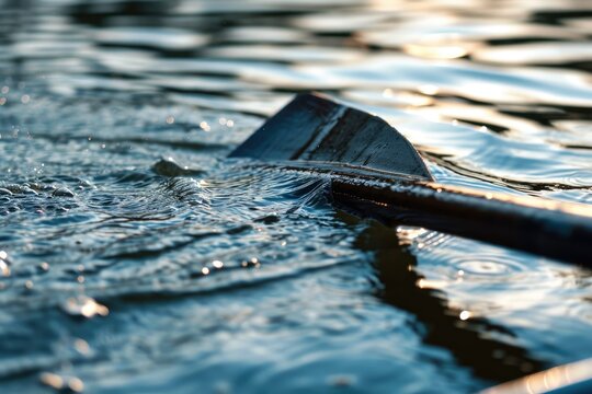 Close-up of a rower's oar in the water, emphasizing the blade's entry and water ripples