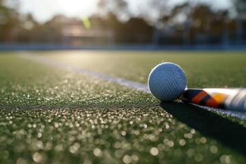 Detailed view of a field hockey stick and ball on turf, focusing on the stick's curve and ball's dimples - obrazy, fototapety, plakaty