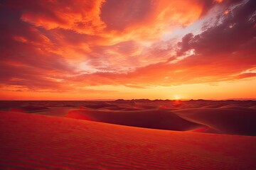 Fototapeta na wymiar Sunset over the sand dunes in the Sahara desert, Morocco, AI Generated
