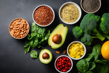 Healthy food freshness fruit, vegetable, seeds concept healthcare. Top view on a black background.