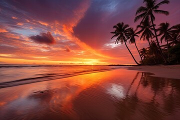 Beautiful tropical beach and sea with coconut palm tree at sunset time for travel and vacation, AI Generated