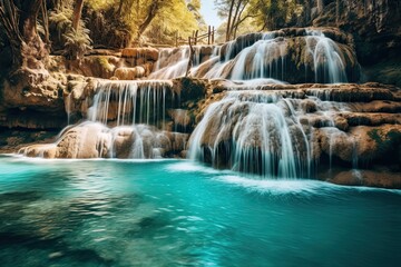 Beautiful waterfall in tropical forest, Thailand. Long exposure shot, AI Generated