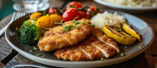 Chicken cutlet with creamy garlic sauce served with vegetables.